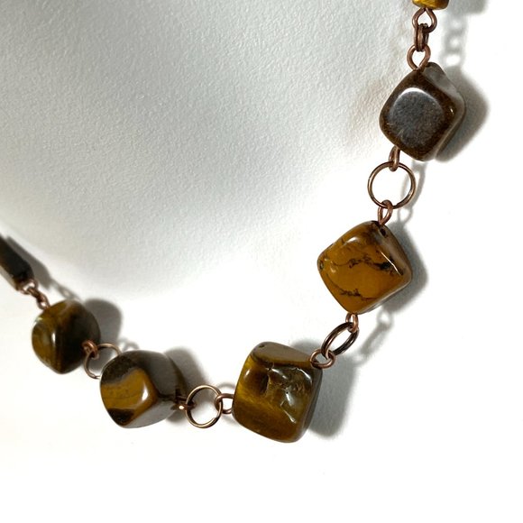 Rustic Natural Tigers Eye Necklace, Genuine Gemstone + Copper Chain - Picture 3 of 13